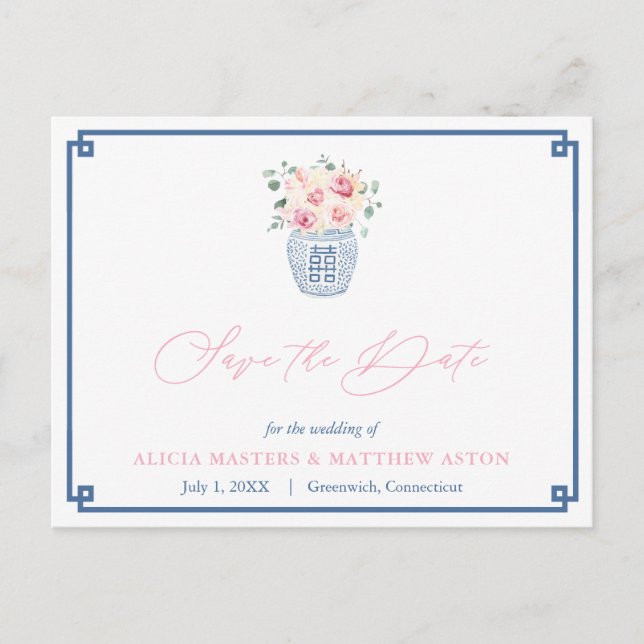 Elegant Navy Pink Roses Wedding Save The Date Postcard (Front)