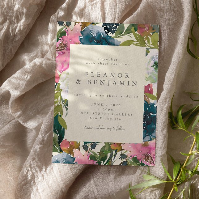 Elegant Navy Pink Watercolor Botanical Wedding Invitation (Creator Uploaded)