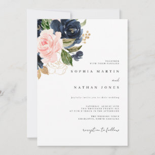Elegant Navy Pink Watercolor Florals Wedding Invitation