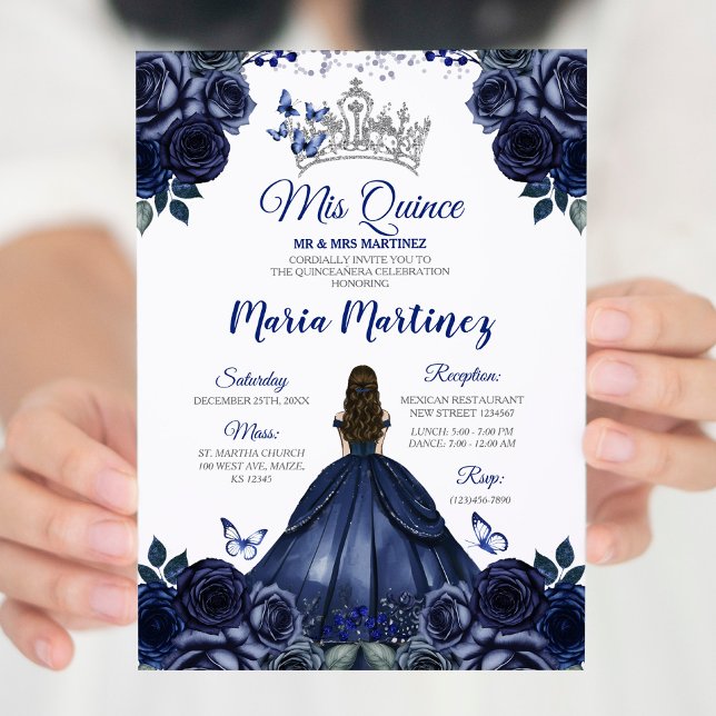 Elegant Navy Princess Floral Silver Mis Quince Invitation (Creator Uploaded)