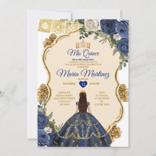 Elegant Navy Princess White Floral Quiñceanera Invitation