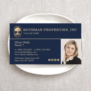 Elegant Navy Real Estate Agent Photo Business Card