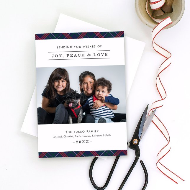 Elegant Navy Red Green Tartan Plaid Family Photo Holiday Card (Creator Uploaded)