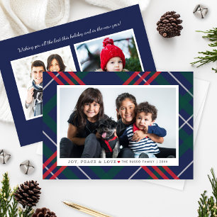 Elegant Navy Red Green Tartan Plaid Multi Photo Holiday Card