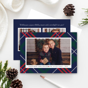 Elegant Navy Red Green Tartan Plaid Multi Photo Holiday Card