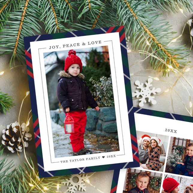 Elegant Navy Red Green Tartan Plaid Multi Photo Holiday Card (Creator Uploaded)