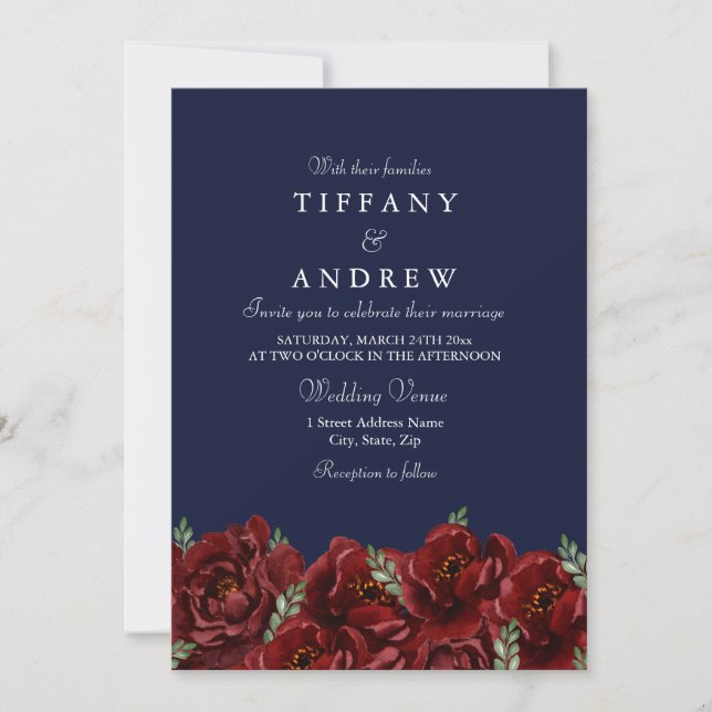 Elegant Navy Red Rose Leaf Modern Wedding Invite (Front)