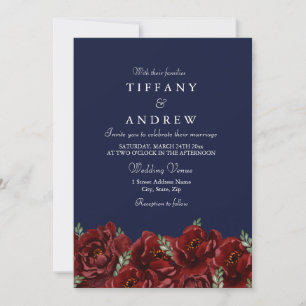 Elegant Navy Red Rose Leaf Modern Wedding Invite