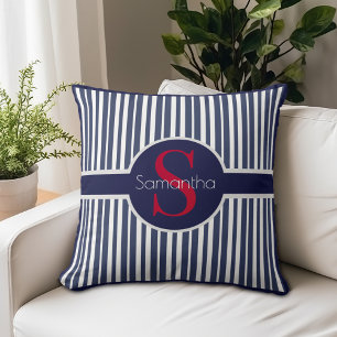 Elegant Navy Red Striped Initial Monogram Cushion