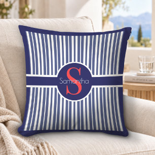 Elegant Navy Red Striped Initial Monogram Cushion