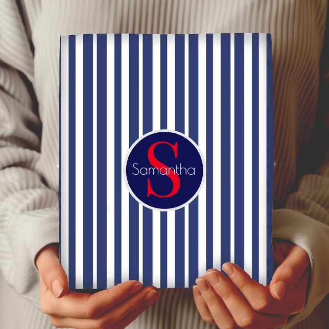 Elegant Navy Red Toile Stripe Initial Monogram Wrapping Paper Sheet (Creator Uploaded)
