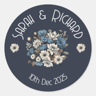 Elegant Navy Romantic Floral Wedding Classic Round Sticker