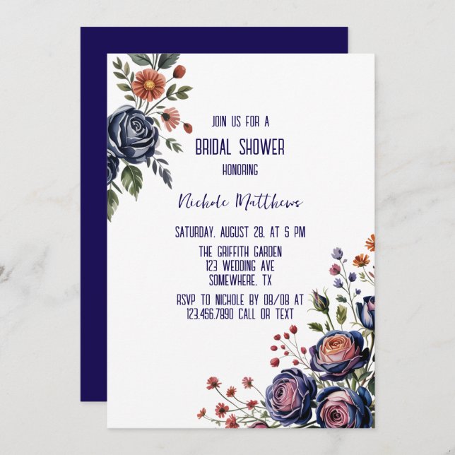 Elegant Navy Rose and Coral Bridal Shower Invitation (Front/Back)
