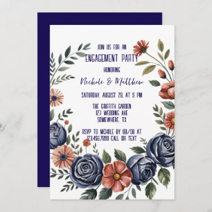 Elegant Navy Rose and Coral Engagement Party Invitation