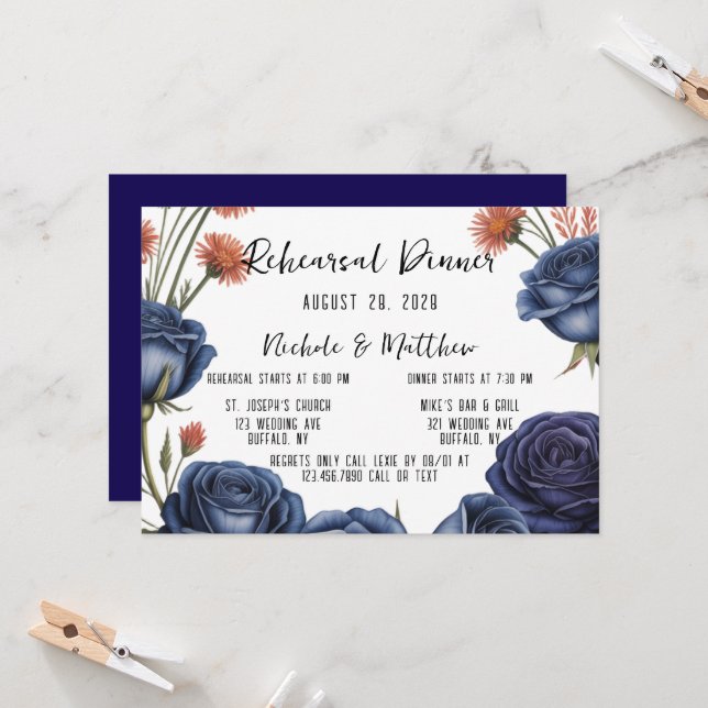 Elegant Navy Rose and Coral Rehearsal Dinner Invitation (Front/Back In Situ)