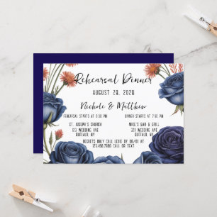 Elegant Navy Rose and Coral Rehearsal Dinner Invitation