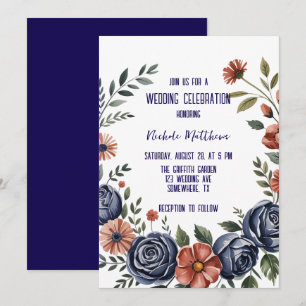Elegant Navy Rose and Coral Wedding Invitation
