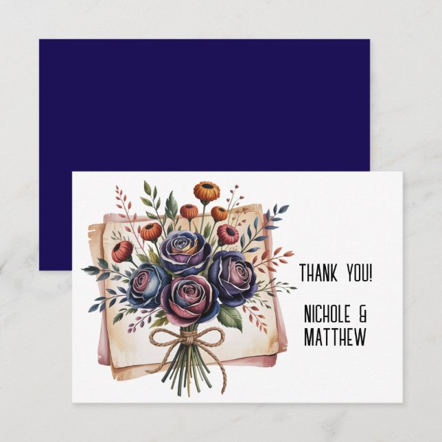 Elegant Navy Rose and Coral Wedding Thank You Card (Front/Back)