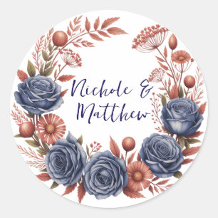 Elegant Navy Rose and Terracotta Florals Wedding Classic Round Sticker