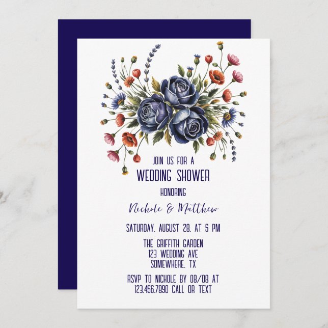 Elegant Navy Rose and Terracotta Florals Wedding Invitation (Front/Back)