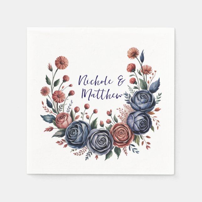 Elegant Navy Rose and Terracotta Florals Wedding Napkin (Front)