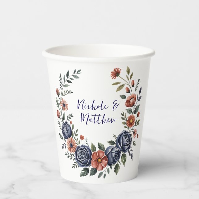 Elegant Navy Rose and Terracotta Florals Wedding Paper Cups (Front)