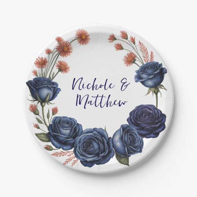 Elegant Navy Rose and Terracotta Florals Wedding Paper Plate (Front)