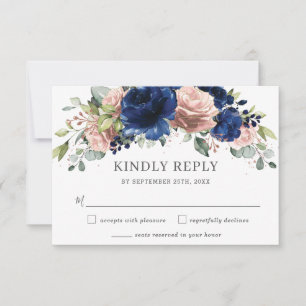 Elegant Navy Rose Gold Blush Floral Wedding RSVP Card