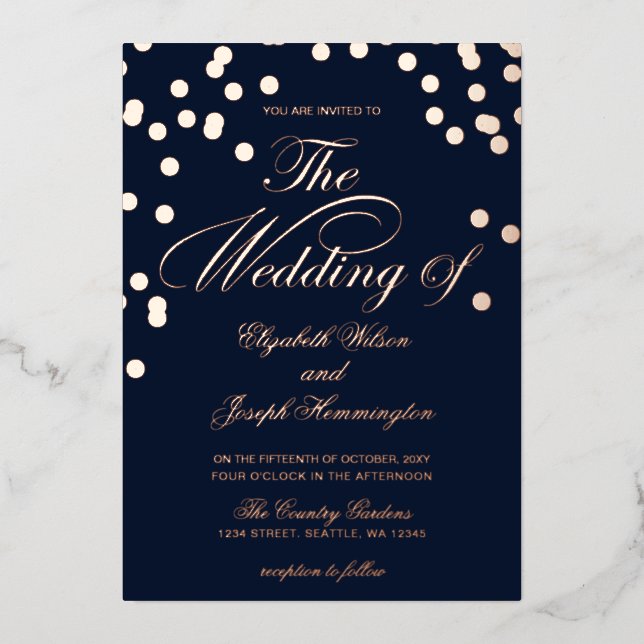 Elegant Navy Rose Gold Confetti Wedding  (Front)