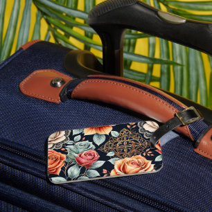 Elegant Navy Rose Gold Floral Damask Pattern Luggage Tag