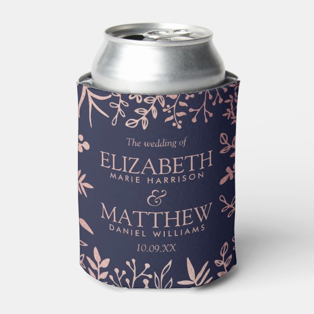 Elegant Navy & Rose Gold Floral Wedding Collection Can Cooler (Can Front)