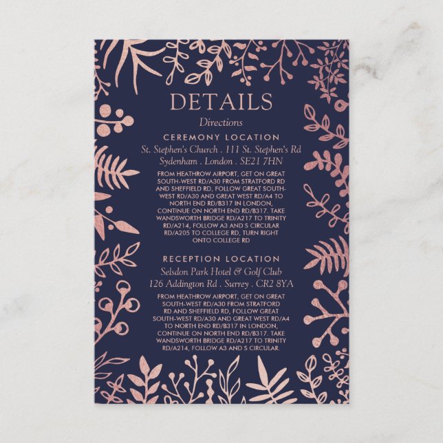 Elegant Navy & Rose Gold Floral Wedding Collection Enclosure Card (Front)