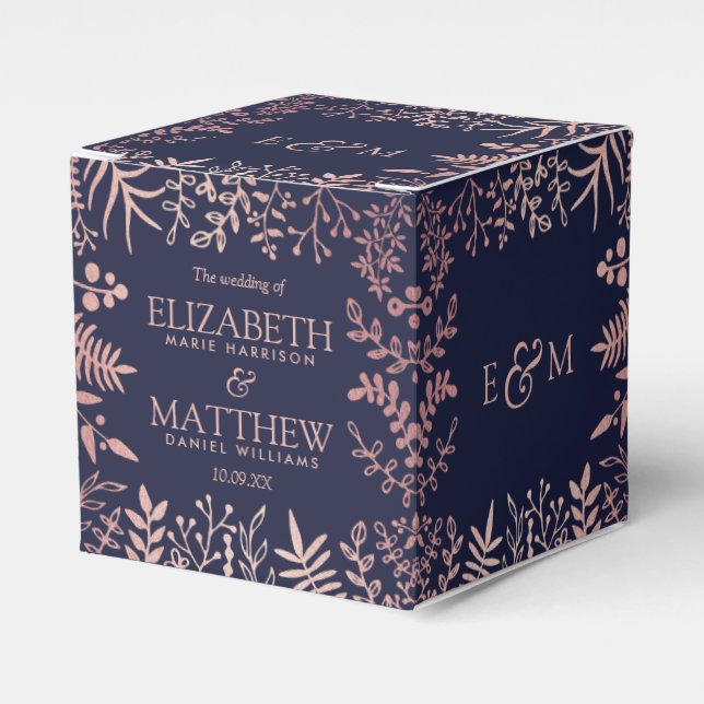 Elegant Navy & Rose Gold Floral Wedding Collection Favour Box (Front Side)