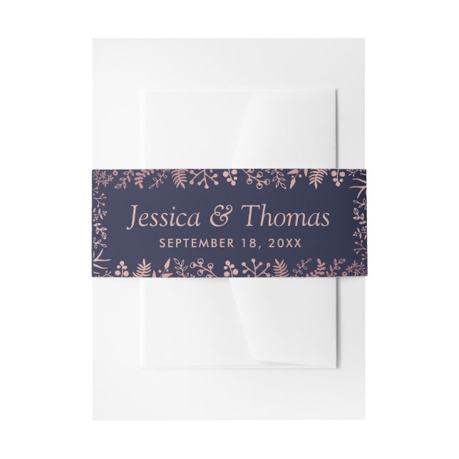 Elegant Navy & Rose Gold Floral Wedding Collection Invitation Belly Band (Front Example)