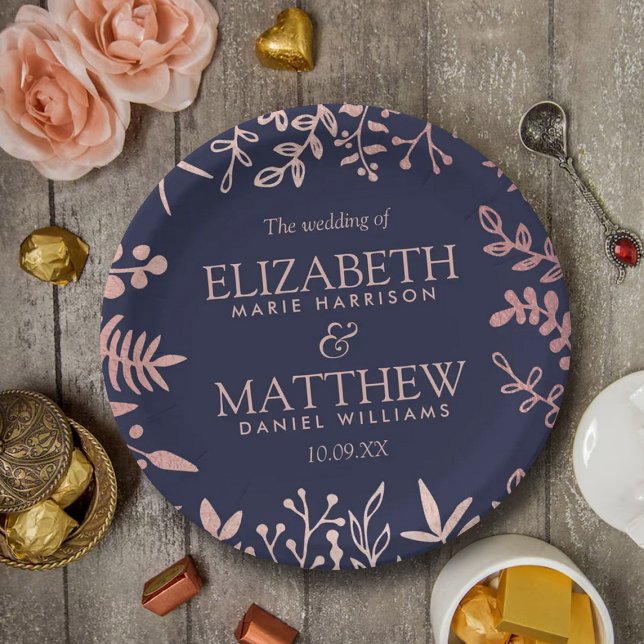 Elegant Navy & Rose Gold Floral Wedding Collection Paper Plate (Creator Uploaded)