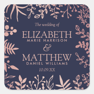 Elegant Navy & Rose Gold Floral Wedding Collection Square Sticker
