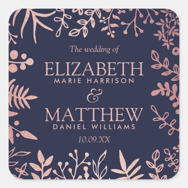 Elegant Navy & Rose Gold Floral Wedding Collection Square Sticker (Front)