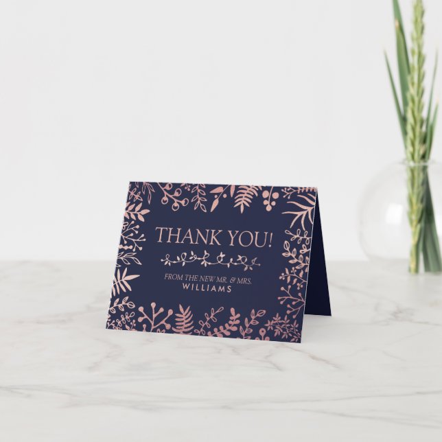 Elegant Navy & Rose Gold Floral Wedding Collection Thank You Card (Front)