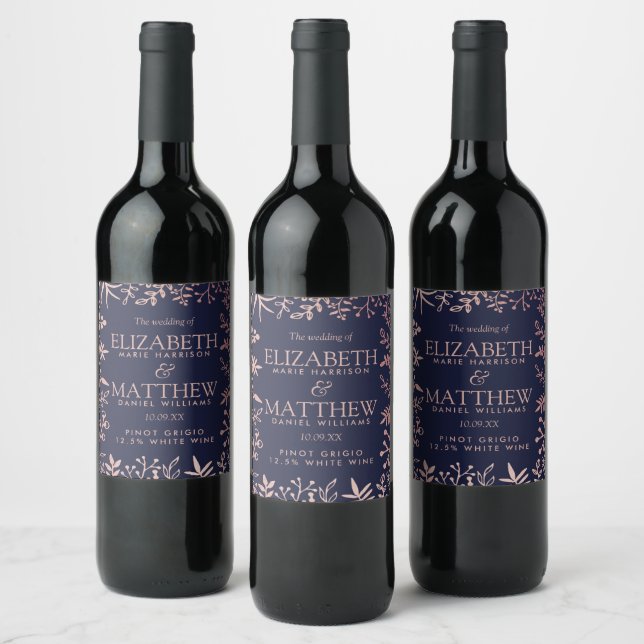 Elegant Navy & Rose Gold Floral Wedding Collection Wine Label (Bottles)