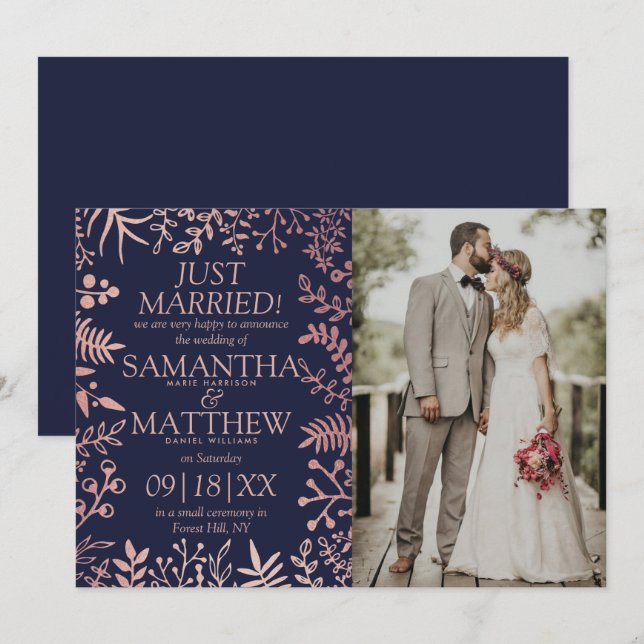 Elegant Navy & Rose Gold Floral Wedding Photo Announcement (Front/Back)