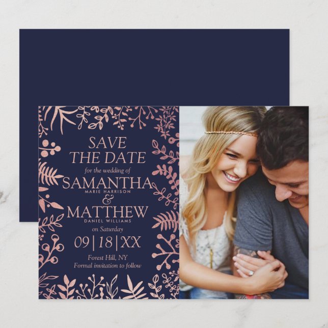 Elegant Navy & Rose Gold Floral Wedding Photo Save The Date (Front/Back)