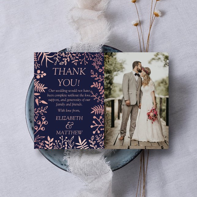Elegant Navy & Rose Gold Floral Wedding Photo Thank You Card (Creator Uploaded)