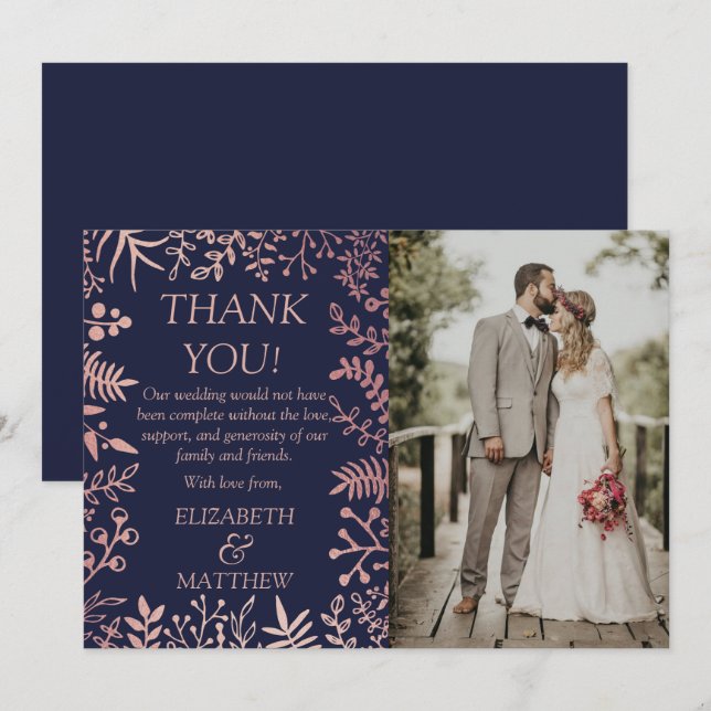 Elegant Navy & Rose Gold Floral Wedding Photo Thank You Card (Front/Back)