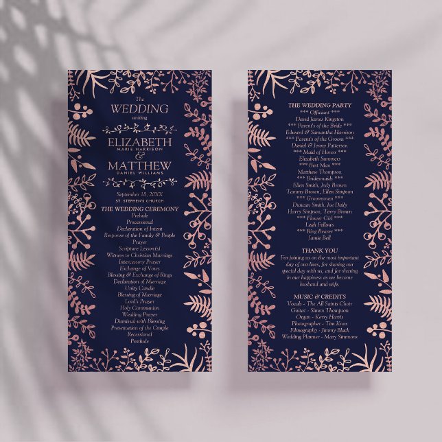 Elegant Navy & Rose Gold Floral Wedding Program Rack Card (Creator Uploaded)