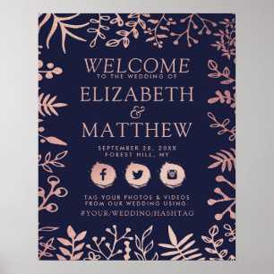 Elegant Navy & Rose Gold Floral Wedding Welcome Poster
