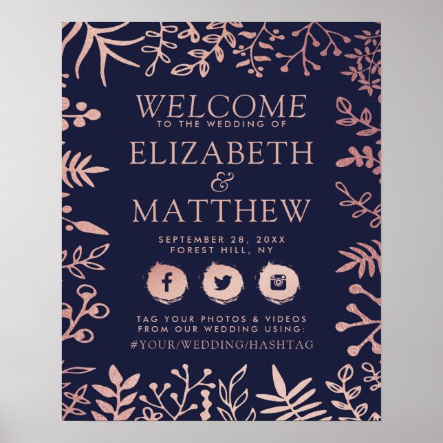 Elegant Navy & Rose Gold Floral Wedding Welcome Poster (Front)