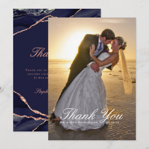 Elegant Navy Rose Gold Foil Agate Wedding Photo Thank You Card