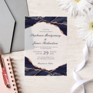 Elegant Navy Rose Gold Foil Agate Wedding Vellum Invitations