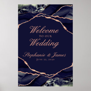 Elegant Navy Rose Gold Foil Agate Wedding Welcome Poster