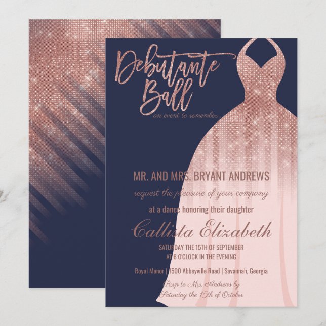 Elegant Navy Rose Gold Glitter Dress Debutante Invitation (Front/Back)